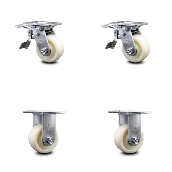 4 Inch Nylon Caster Set with Roller Bearings 2 Brakes 2 Rigid